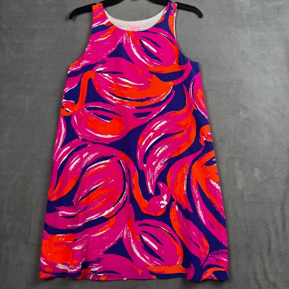 Lilly Pulitzer Silk Flamingo Print Shift Dress Pink Orange Navy Blue XS - Picture 2 of 8